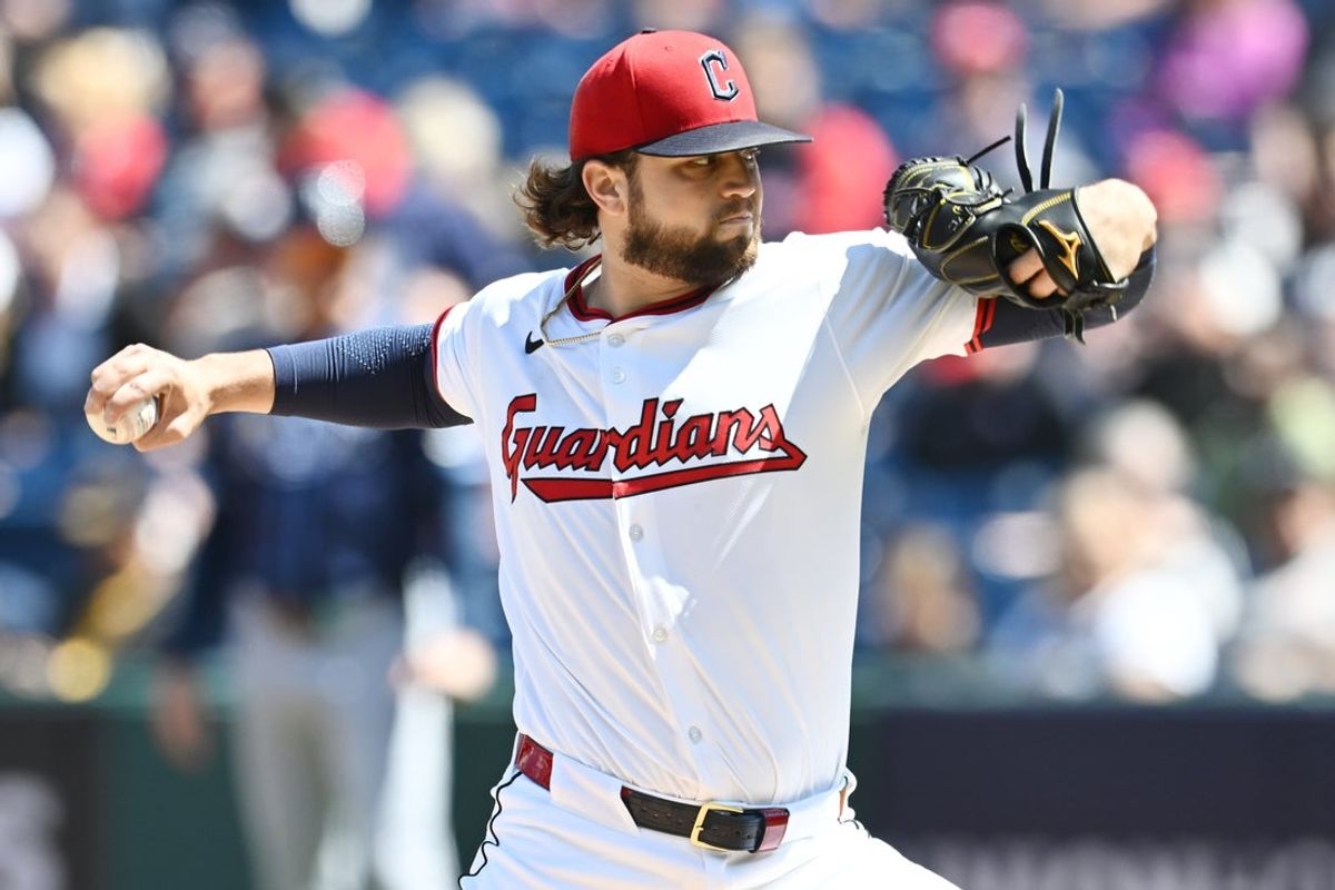Aug 27, 2025; Cleveland, Ohio, USA; Cleveland Guardians starting pitcher Slade Cecconi (44) throws a pitch against the Tampa Bay Rays during the first inning at Progressive Field. Mandatory Credit: Ken Blaze-Imagn Images