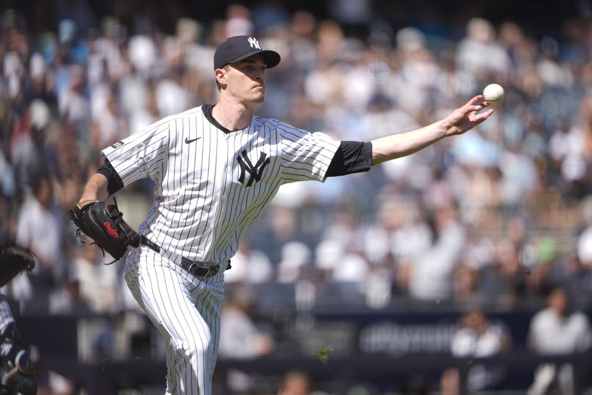 Aug 27, 2025; Bronx, New York, USA; New York Yankees pitcher Max Fried (54) throws out Washington Nationals first baseman Andres Chaparro (87) (not pictured) after fielding a ground ball during the second inning at Yankee Stadium. Mandatory Credit: Gregory Fisher-Imagn Images