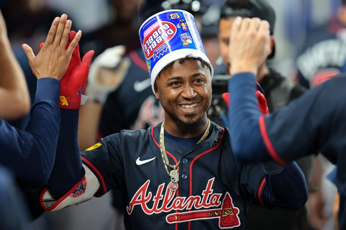 Aug 27, 2025; Miami, Florida, USA; Atlanta Braves second baseman Ozzie Albies (1) celebrates after hitting a three-run home run against the Miami Marlins during the third inning at loanDepot Park. Mandatory Credit: Sam Navarro-Imagn Images