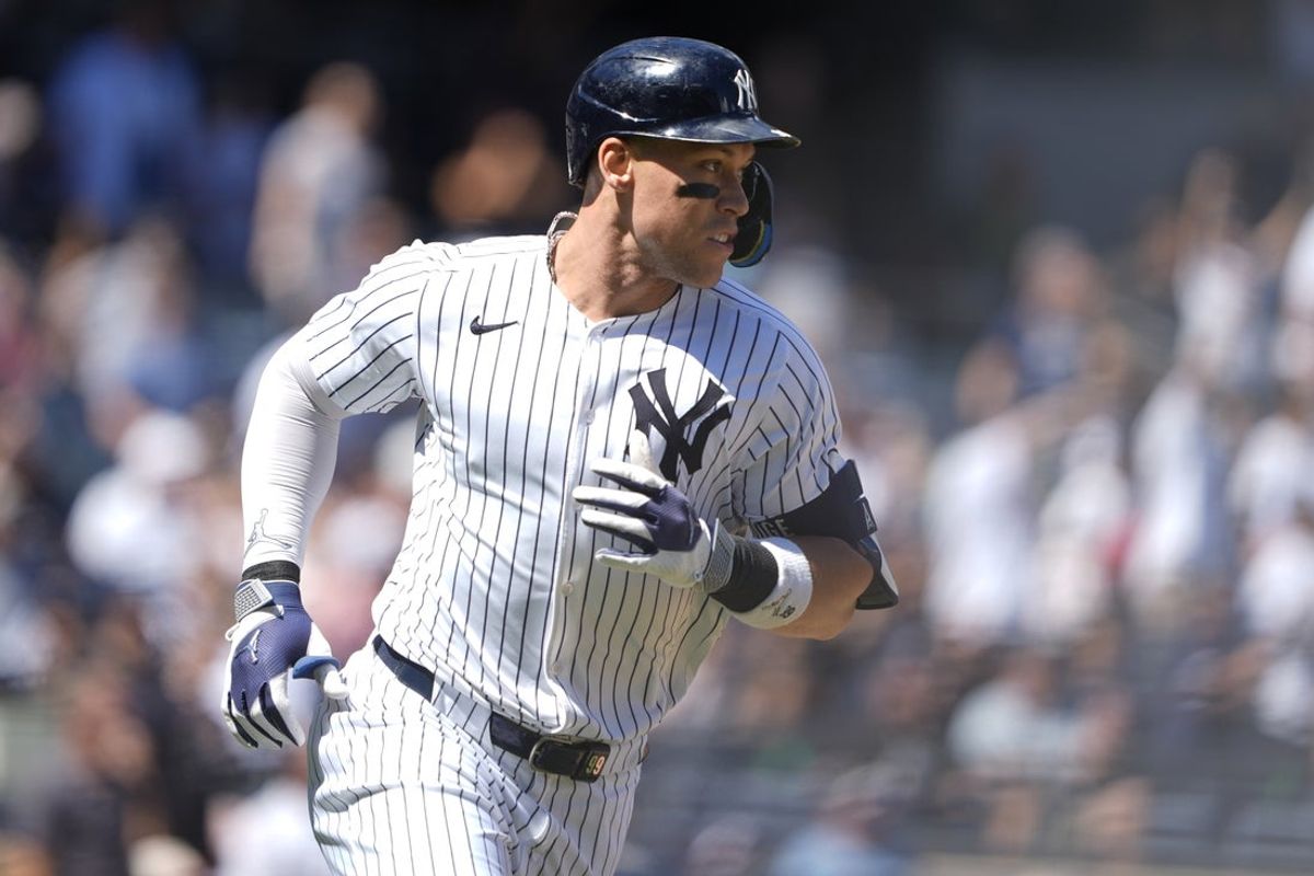 Aug 27, 2025; Bronx, New York, USA; New York Yankees designated hitter Aaron Judge (99) rounds the bases after hitting a two run home run against the Washington Nationals during the third inning at Yankee Stadium. Mandatory Credit: Gregory Fisher-Imagn Images