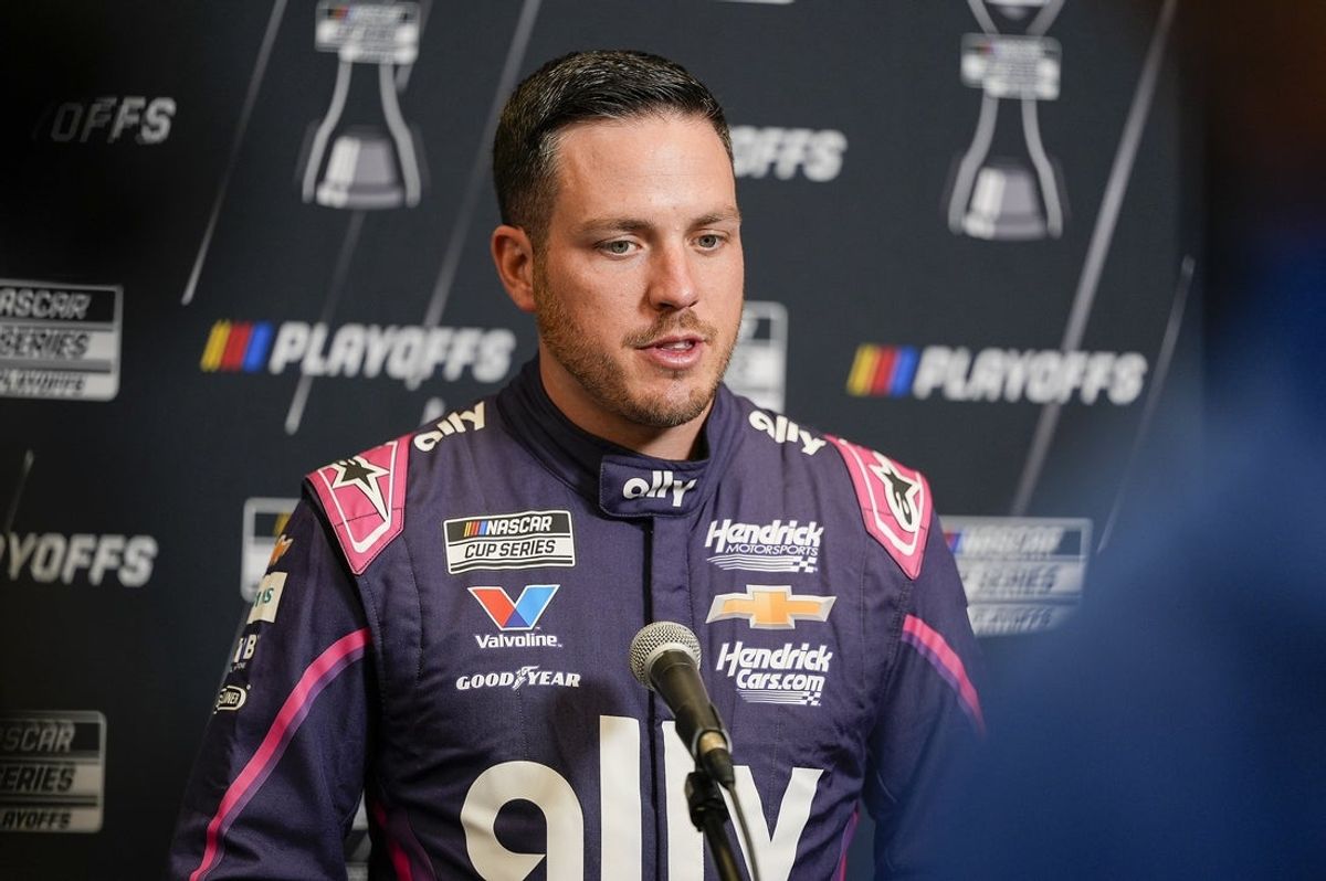 Aug 27, 2025; Charlotte, NC, USA;  Alex Bowman answers questions from the media during NASCAR Cup Series Playoff Media Day at Charlotte Convention Center. Mandatory Credit: Jim Dedmon-Imagn Images
