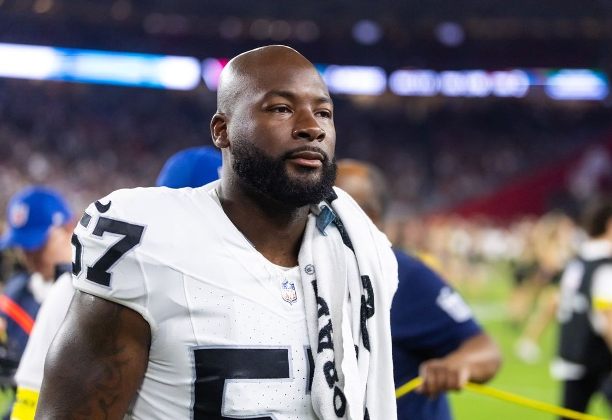 Aug 23, 2025; Glendale, Arizona, USA; Las Vegas Raiders linebacker Germaine Pratt (57) against the Arizona Cardinals during a preseason NFL game at State Farm Stadium. Mandatory Credit: Mark J. Rebilas-Imagn Images