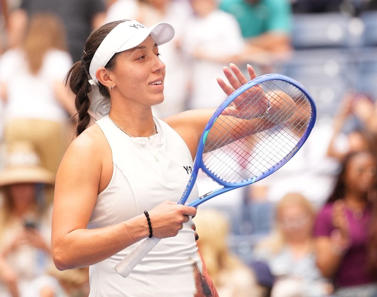 Aug 27, 2025; Flushing, NY, USA;  Jessica Pegula (USA) celebrates after beating Anna Blinkova (not pictured) on day four of the 2025 U.S. Open tennis tournament at the USTA Billie Jean King National Tennis Center. Mandatory Credit: Robert Deutsch-Imagn Images