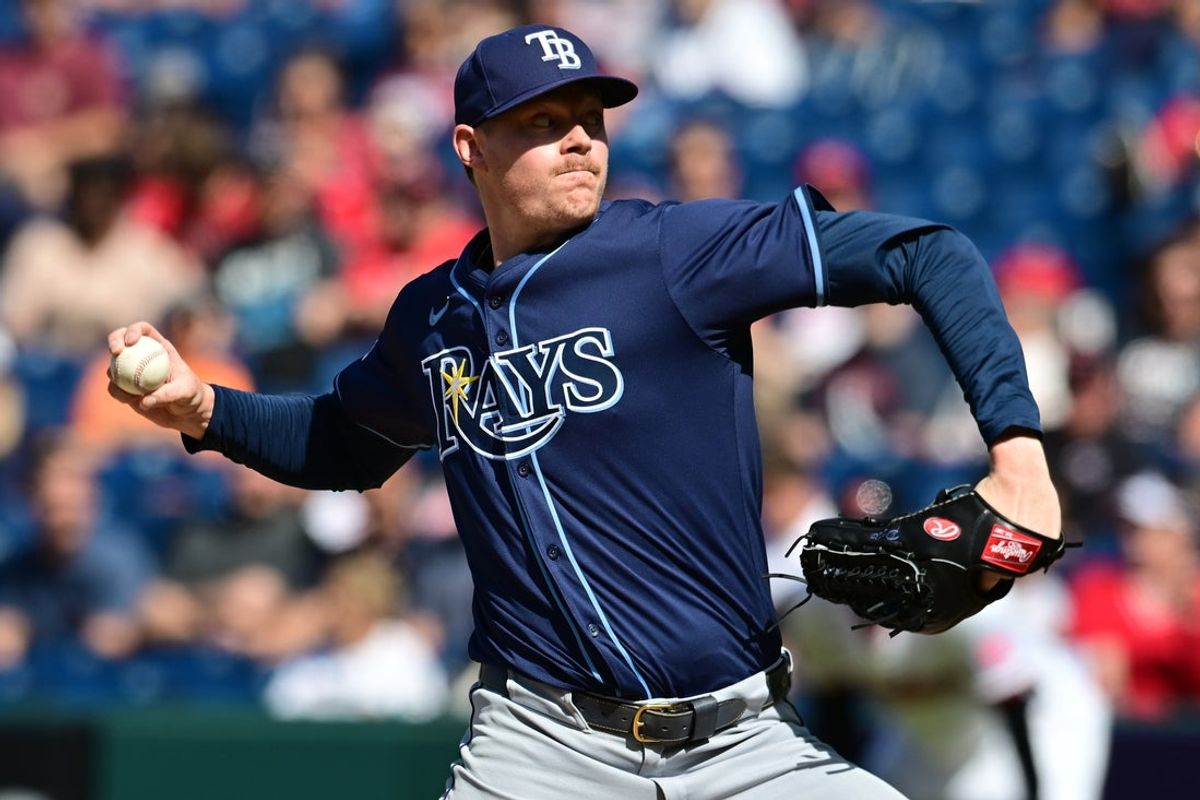 Aug 27, 2025; Cleveland, Ohio, USA; Tampa Bay Rays relief pitcher Pete Fairbanks (29) throws a pitch against the Cleveland Guardians during the ninth inning at Progressive Field. Mandatory Credit: Ken Blaze-Imagn Images