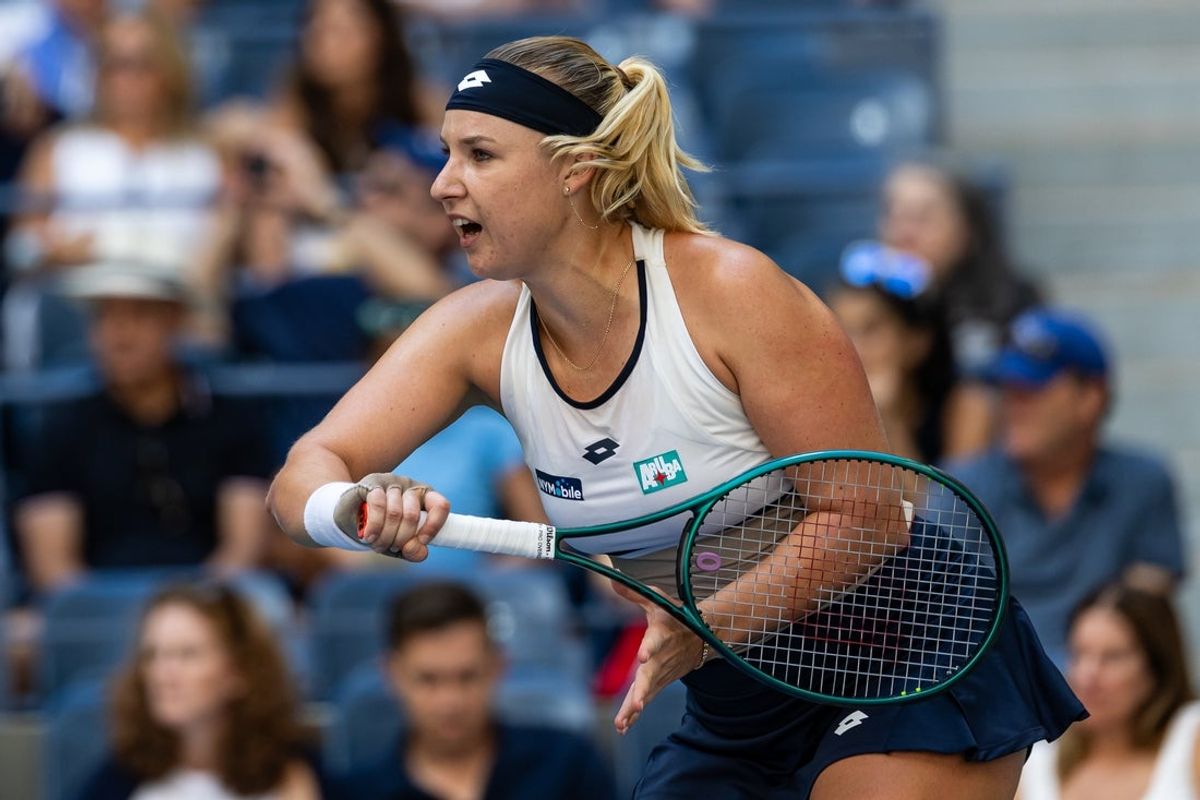 Aug 27, 2025; Flushing, NY, USA; Anna Blinkova of Russia in action against Jessica Pegula of the United States in the second round of the womenís singles at the US Open at Arthur Ashe Stadium in Billie Jean King National Tennis Center. Mandatory Credit: Mike Frey-Imagn Images