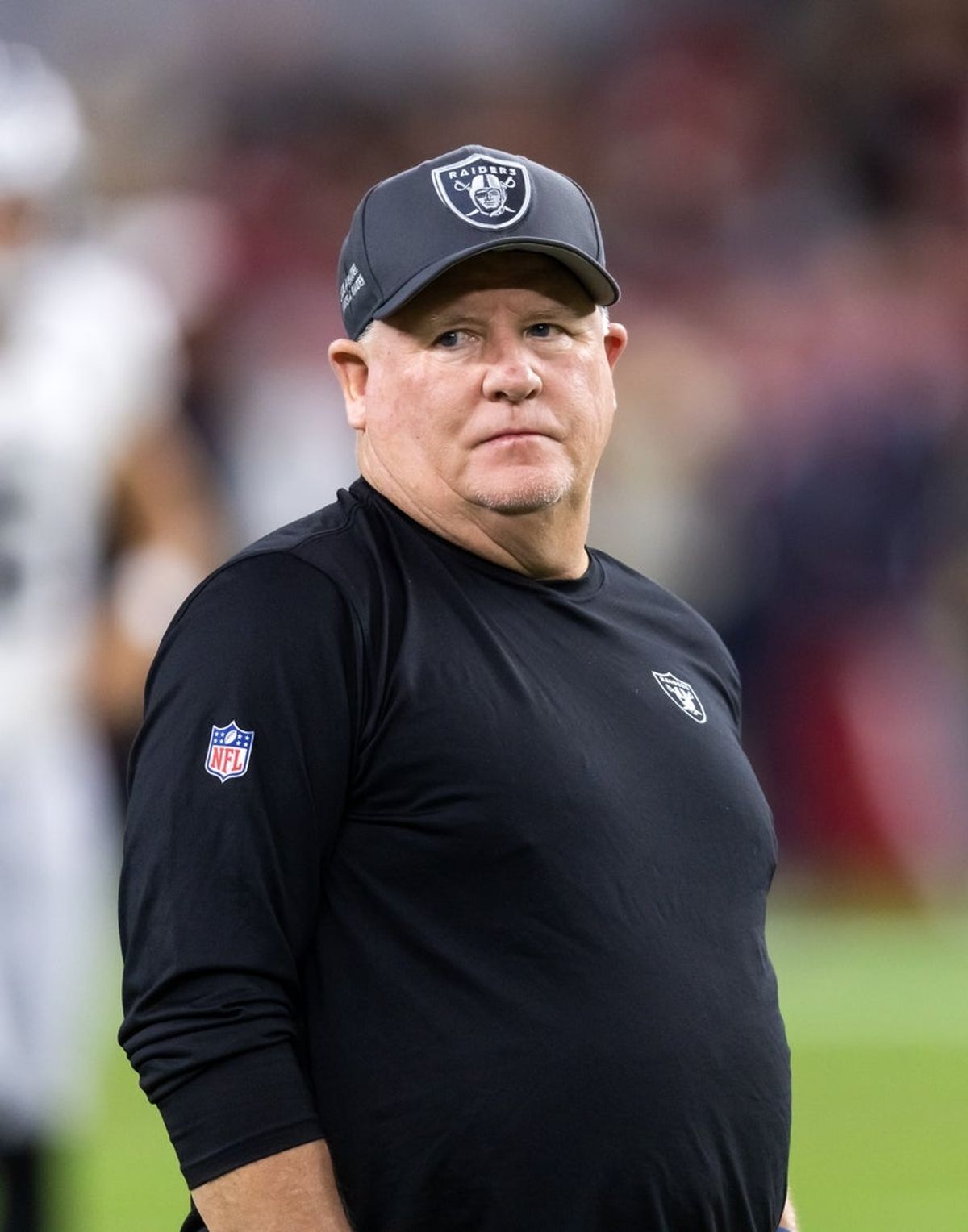 Aug 23, 2025; Glendale, Arizona, USA; Las Vegas Raiders offensive coordinator Chip Kelly against the Arizona Cardinals during a preseason NFL game at State Farm Stadium. Mandatory Credit: Mark J. Rebilas-Imagn Images