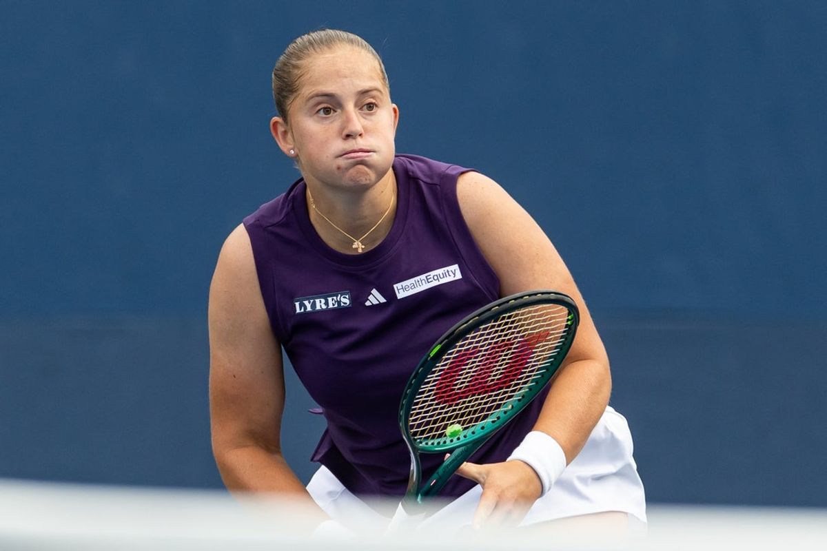 Aug 27, 2025; Flushing, NY, USA; Jelena Ostapenko of Latvia in action against Taylor Townsend of the United States in the second round of the women’s singles at the US Open at Billie Jean King National Tennis Center. Mandatory Credit: Mike Frey-Imagn Images