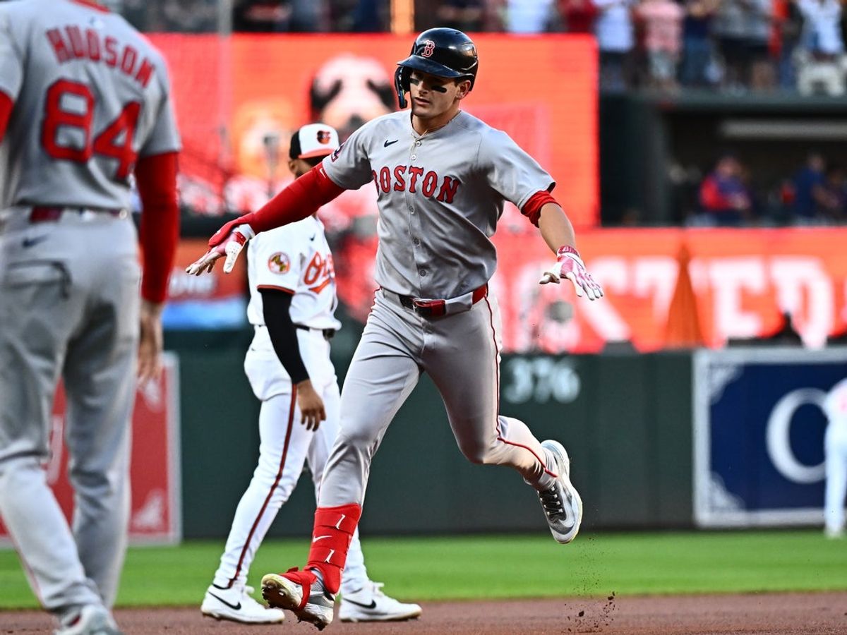 Aug 27, 2025; Baltimore, Maryland, USA;  Boston Red Sox outfielder Roman Anthony (19) rounds the bases on a solo home run during the first inning against the Baltimore Orioles at Oriole Park at Camden Yards. Mandatory Credit: James A. Pittman-Imagn Images
