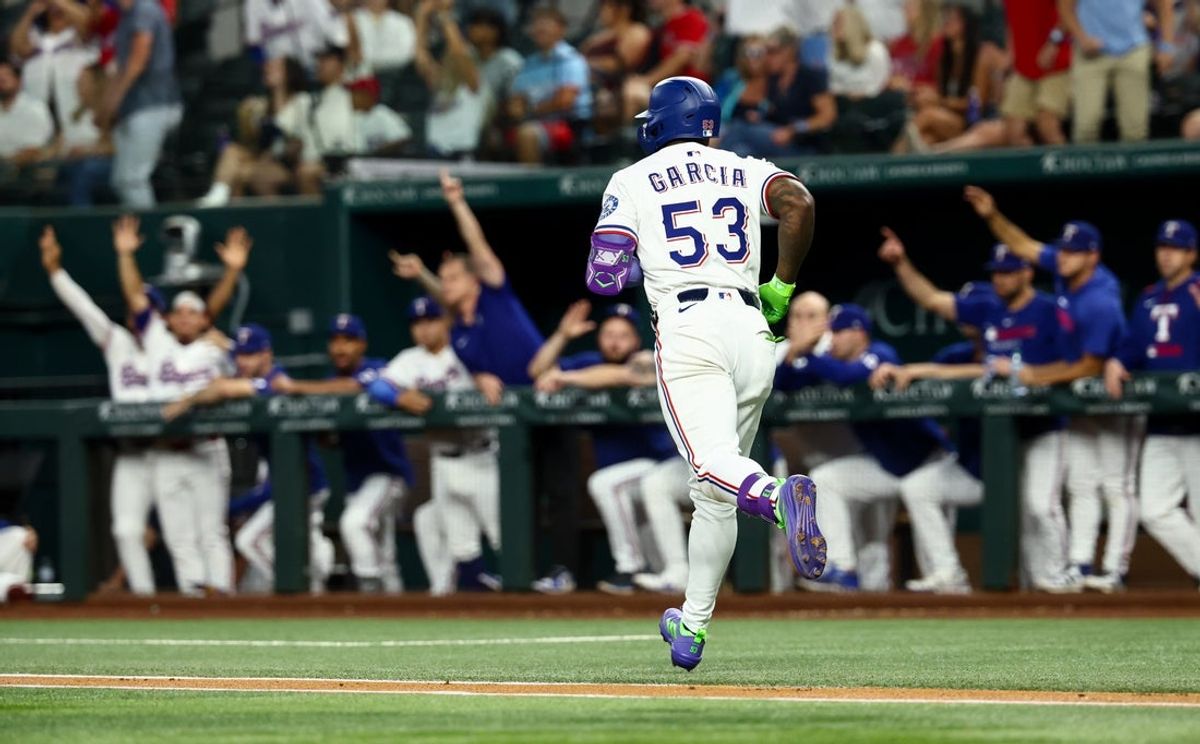 Aug 27, 2025; Arlington, Texas, USA;  Texas Rangers right fielder Adolis Garcia (53) runs the bases after hitting a three-run home run during the first inning against the Los Angeles Angels at Globe Life Field. Mandatory Credit: Kevin Jairaj-Imagn Images