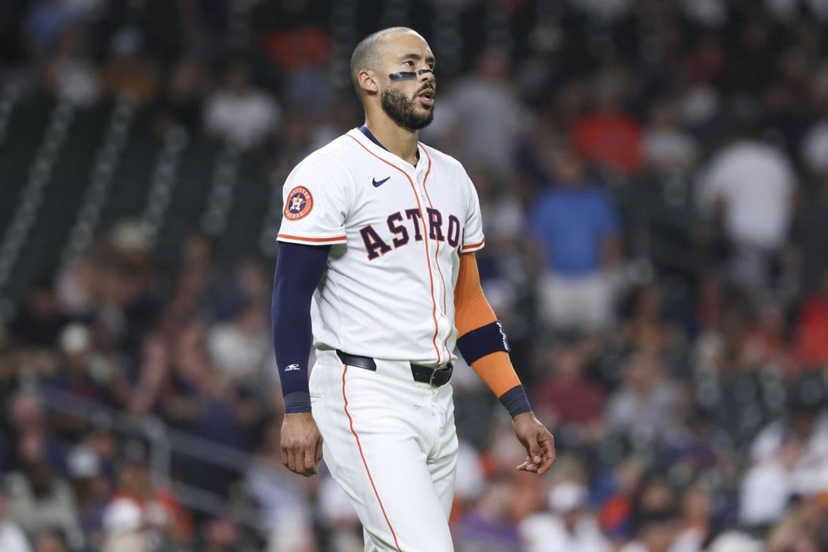 Aug 27, 2025; Houston, Texas, USA; Houston Astros third baseman Carlos Correa (1) reacts after striking out during the third inning against the Colorado Rockies at Daikin Park. Mandatory Credit: Troy Taormina-Imagn Images