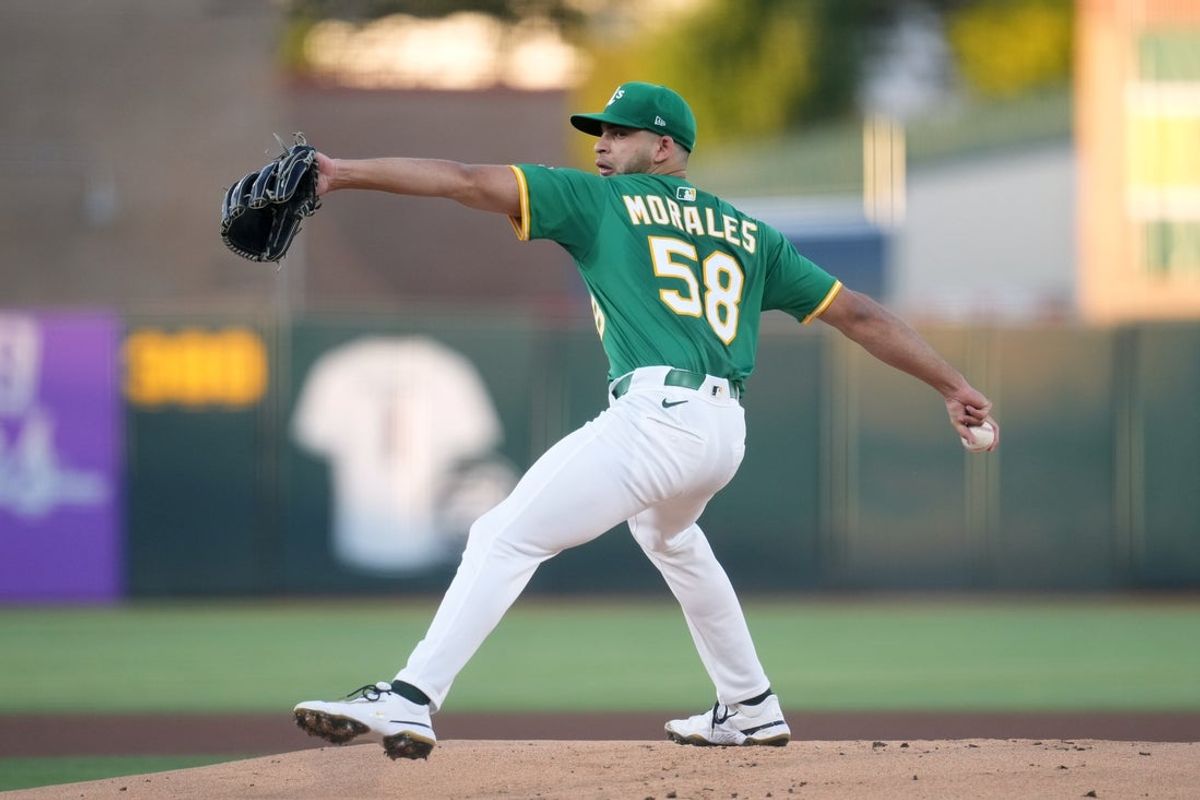 Aug 27, 2025; West Sacramento, California, USA; Athletics pitcher Luis Morales (58) prepares to deliver a pitch against the Detroit Tigers in the first inning at Sutter Health Park. Mandatory Credit: Cary Edmondson-Imagn Images
