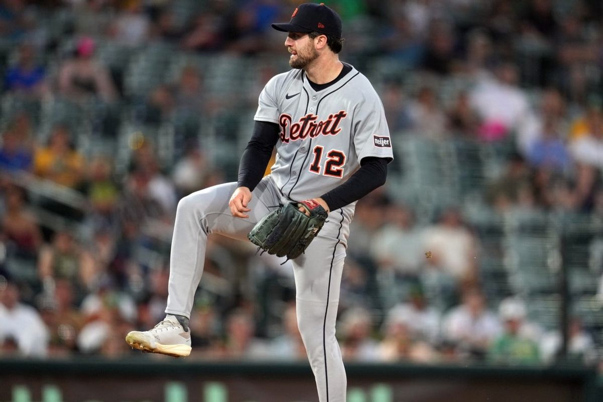 Aug 27, 2025; West Sacramento, California, USA; Detroit Tigers pitcher Casey Mize (12) follows through on a pitch against the Athletics in the second inning at Sutter Health Park. Mandatory Credit: Cary Edmondson-Imagn Images