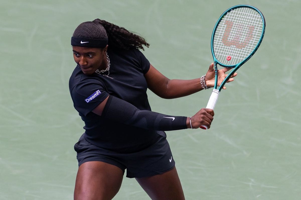 Aug 27, 2025; Flushing, NY, USA; Hailey Baptiste of the United States in action against Naomi Osaka of Japan in the second round of the women’s singles at the US Open at Louis Armstrong Stadium in Billie Jean King National Tennis Center. Mandatory Credit: Mike Frey-Imagn Images
