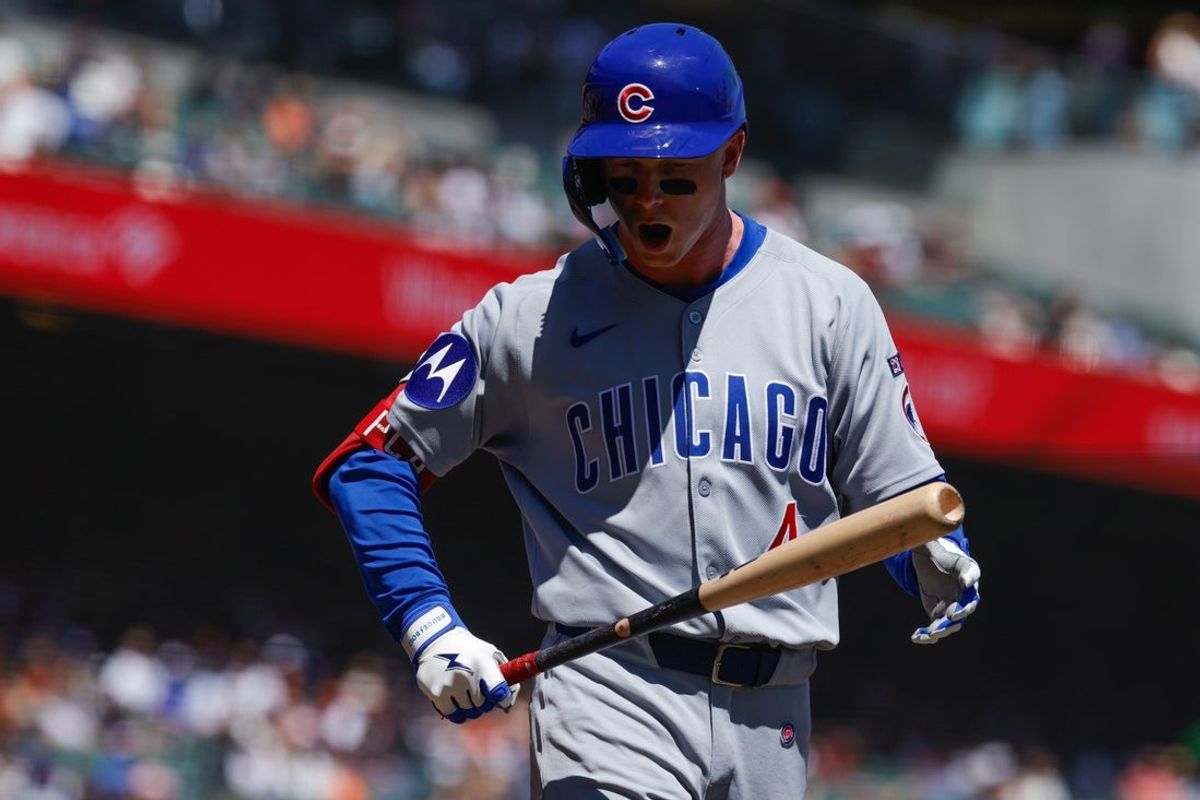 Aug 28, 2025; San Francisco, California, USA; Chicago Cubs center fielder Pete Crow-Armstrong (4) reacts after striking out during the fourth inning against the San Francisco Giants at Oracle Park. Mandatory Credit: Sergio Estrada-Imagn Images