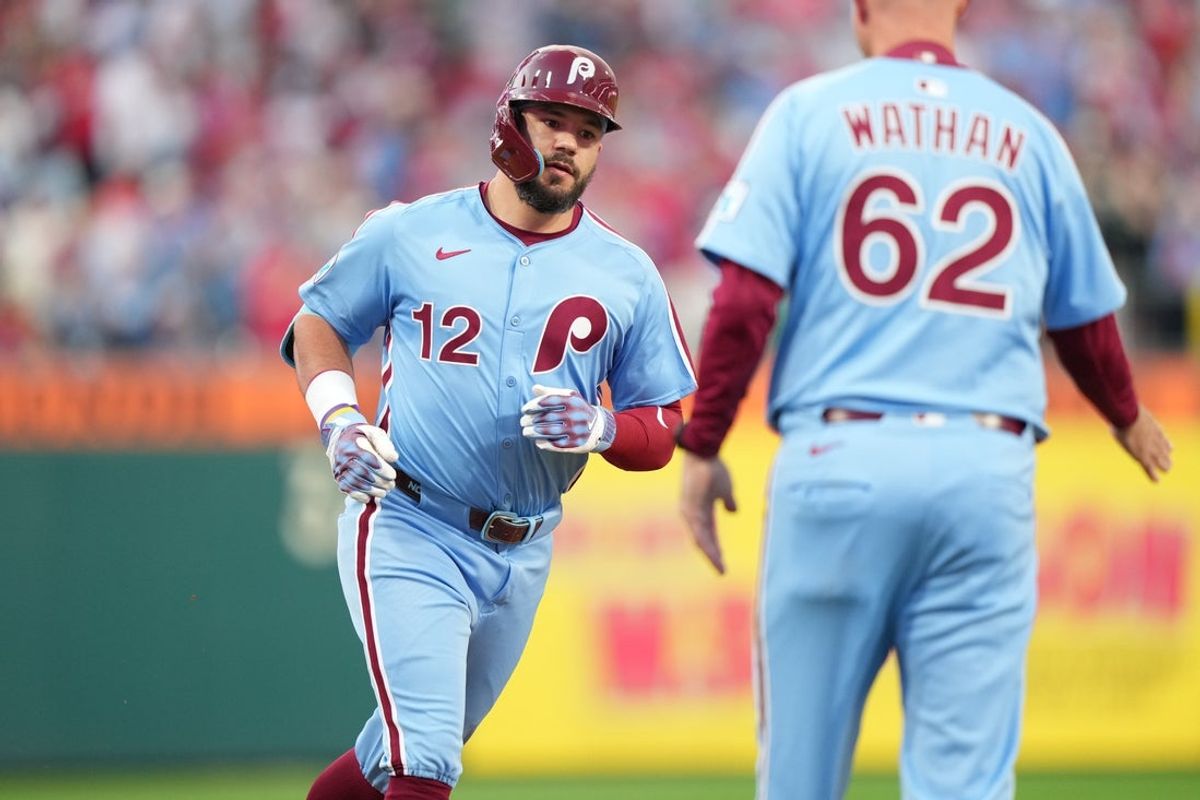 Aug 28, 2025; Philadelphia, Pennsylvania, USA; Philadelphia Phillies designated hitter Kyle Schwarber (12) rounds the bases after hitting a home run against the Atlanta Braves in the first inning at Citizens Bank Park. Mandatory Credit: Kyle Ross-Imagn Images
