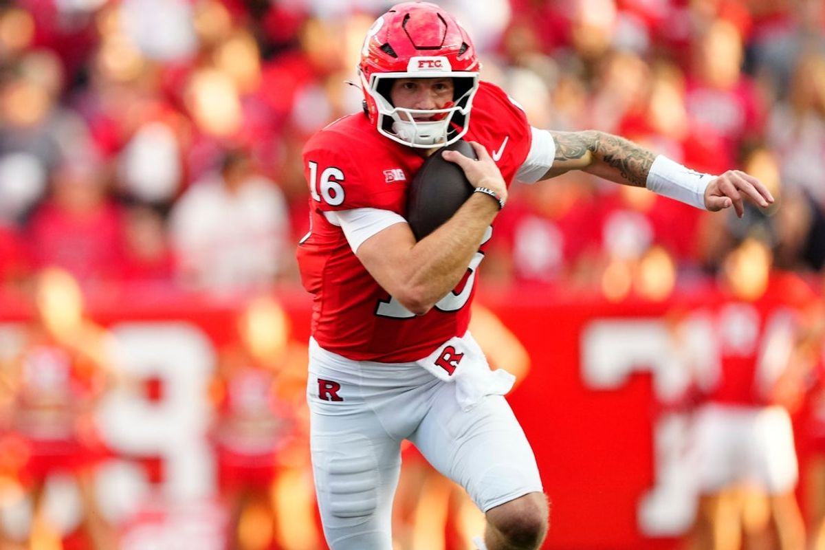 Rutgers Scarlet Knights quarterback Athan Kaliakmanis (16), runs with the ball, Thursday, August 28, 2025.