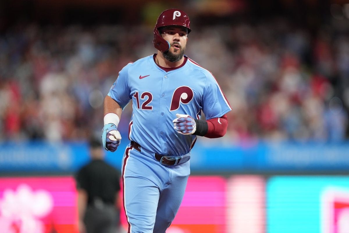 Aug 28, 2025; Philadelphia, Pennsylvania, USA; Philadelphia Phillies designated hitter Kyle Schwarber (12) rounds the bases after hitting a two-run home run against the Atlanta Braves in the fourth inning at Citizens Bank Park. Mandatory Credit: Kyle Ross-Imagn Images
