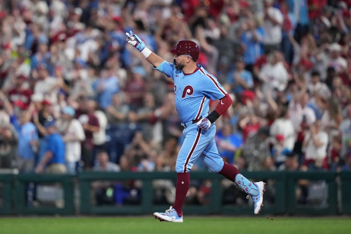 Aug 28, 2025; Philadelphia, Pennsylvania, USA; Philadelphia Phillies designated hitter Kyle Schwarber (12) rounds the bases after hitting a three-run home run against the Atlanta Braves in the fifth inning at Citizens Bank Park. Mandatory Credit: Kyle Ross-Imagn Images
