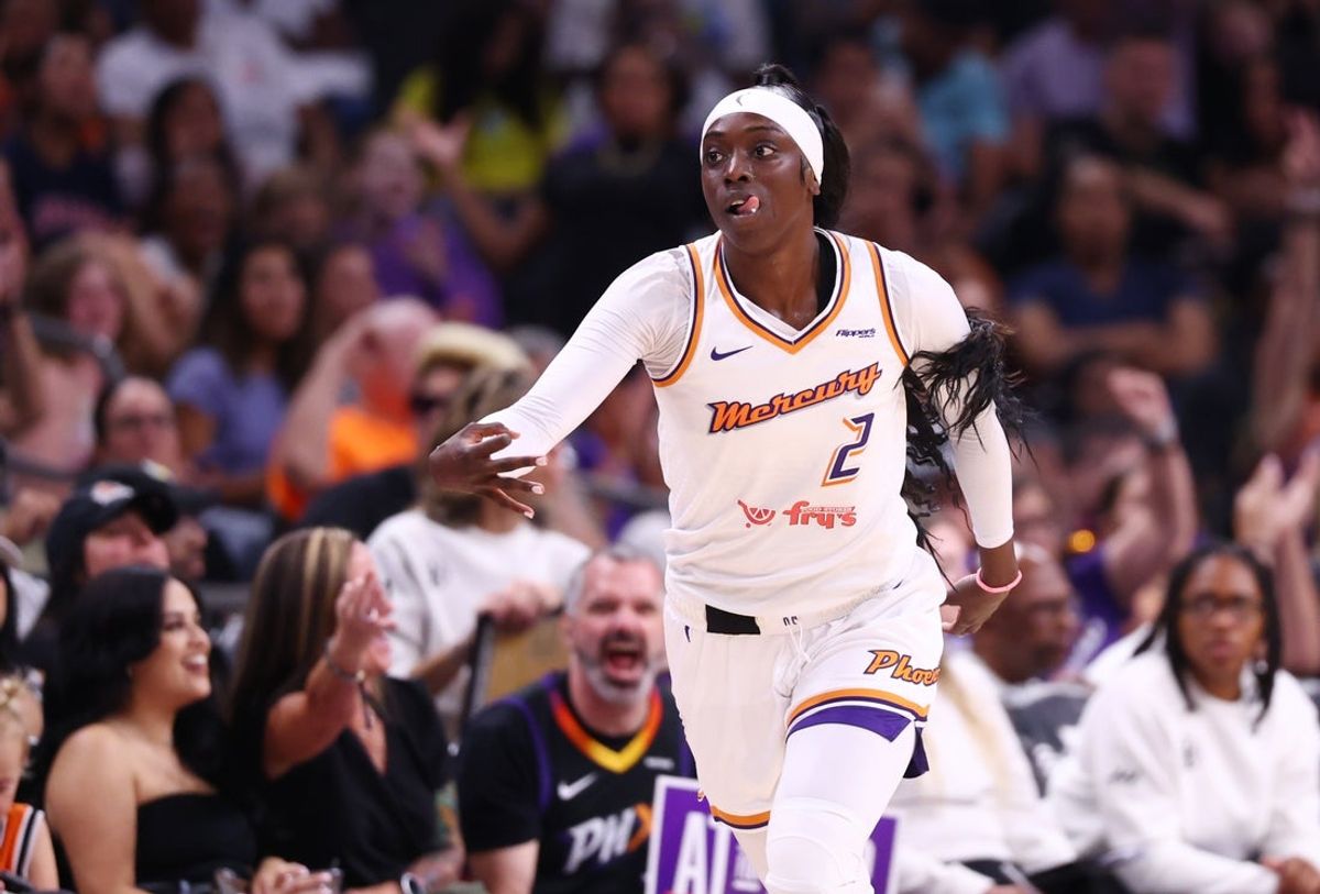 Aug 28, 2025; Phoenix, Arizona, USA; Phoenix Mercury guard Kahleah Copper (2) celebrates a three pointer against the Chicago Sky in the first half at Phx Arena. Mandatory Credit: Mark J. Rebilas-Imagn Images