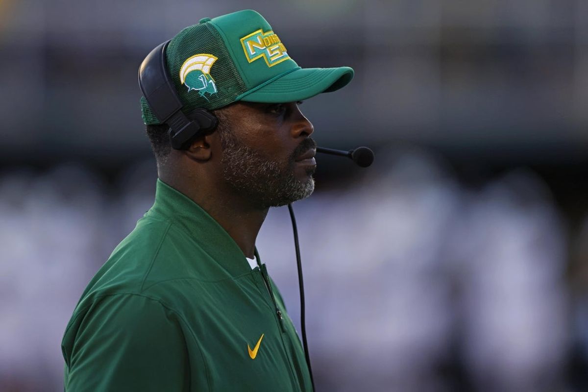 Aug 28, 2025; Norfolk, VA, USA; Norfolk State Spartans head coach Michael Vick looks on from the sidelines during the first half against the Towson Tigers at William Price Stadium. Mandatory Credit: Peter Casey-Imagn Images