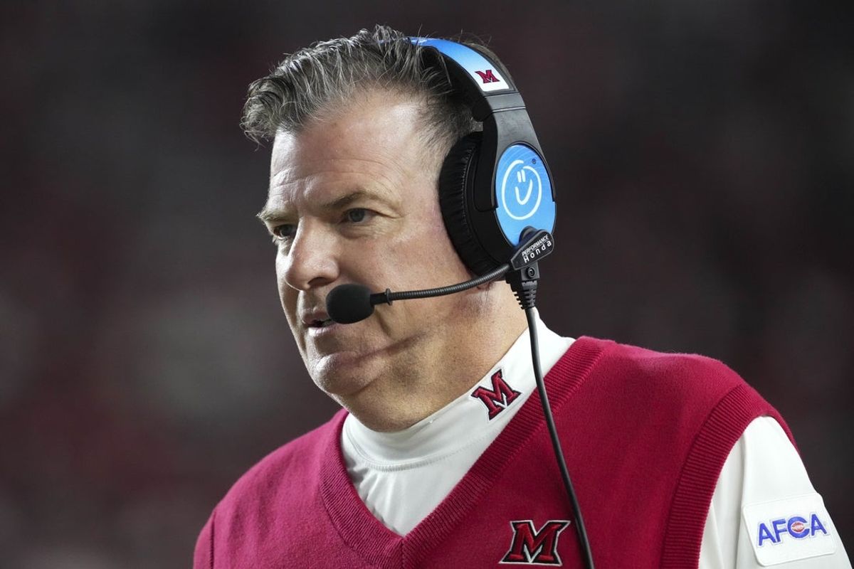 Aug 28, 2025; Madison, Wisconsin, USA;  Miami (OH) RedHawks head coach Chuck Martin looks on during the third quarter against the Wisconsin Badgers at Camp Randall Stadium. Mandatory Credit: Jeff Hanisch-Imagn Images