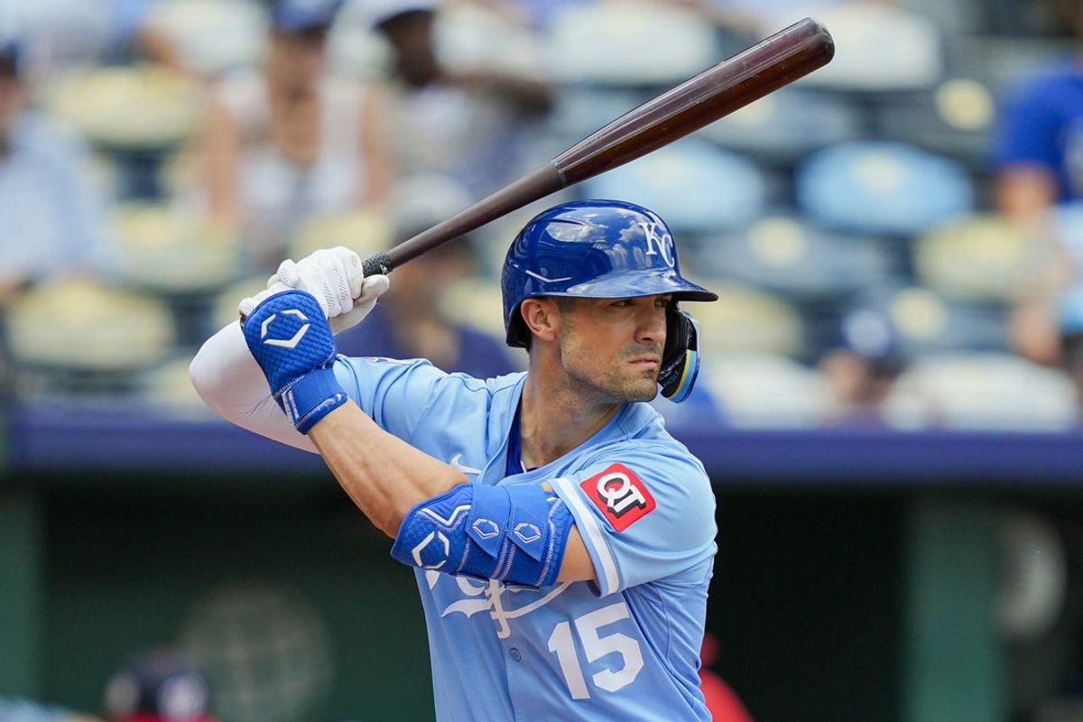 Aug 13, 2025; Kansas City, Missouri, USA; Kansas City Royals outfielder Randall Grichuk (15) bats during the fifth inning against the Washington Nationals at Kauffman Stadium. Mandatory Credit: Jay Biggerstaff-Imagn Images