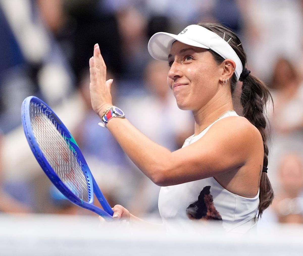 Aug 29, 2025; Flushing, NY, USA;  Jessica Pegula (USA) after beating Victoria Azarenka (not pictured) on day six of the 2025 U.S. Open tennis tournament at the USTA Billie Jean King National Tennis Center. Mandatory Credit: Robert Deutsch-Imagn Images