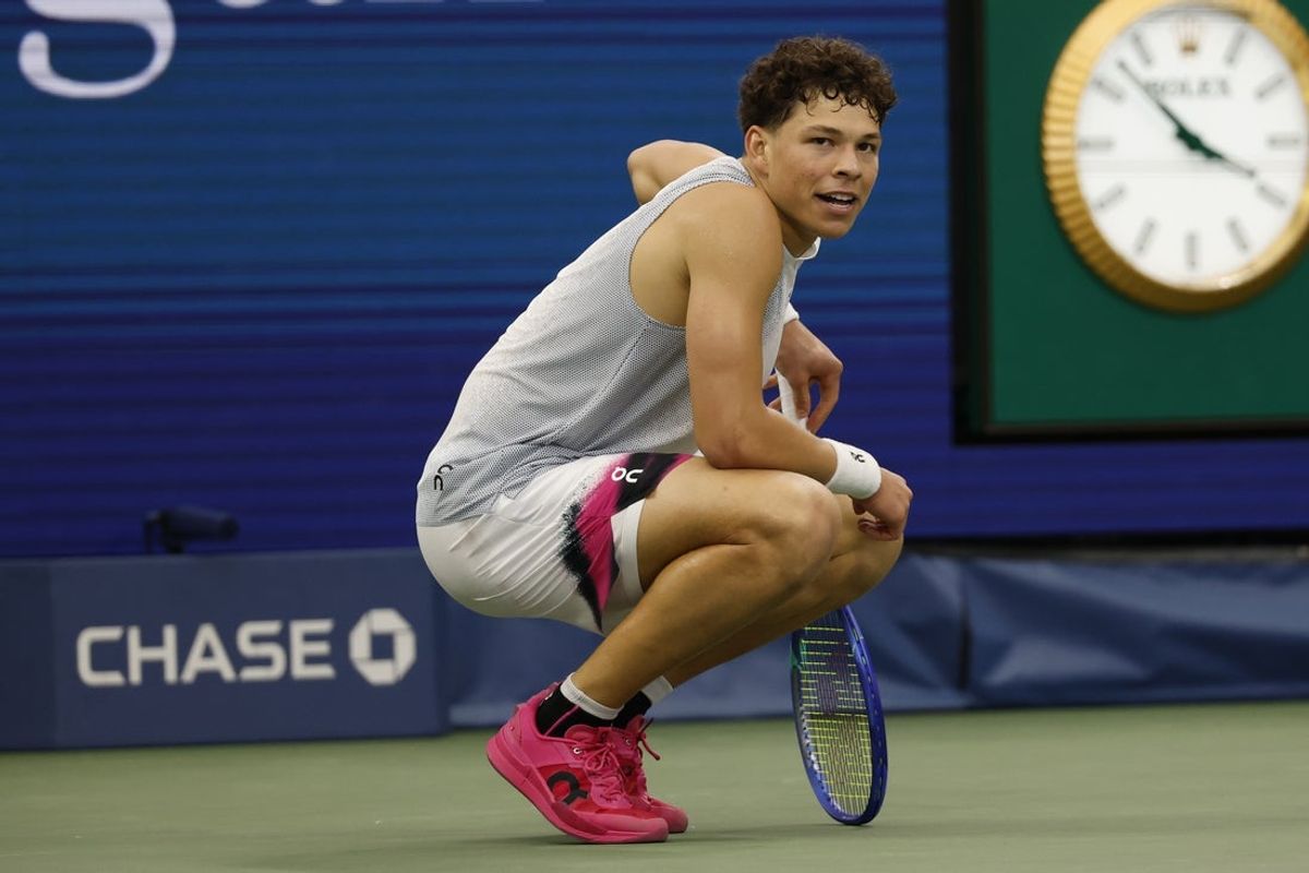 Aug 29, 2025; Flushing, NY, USA; Ben Shelton (USA) reacts after winning the third set against Adrian Mannarino (FRA) (not pictured) on day six of the 2025 US Open tennis tournament at Billie Jean King USTA National Tennis Center. Mandatory Credit: Geoff Burke-Imagn Images