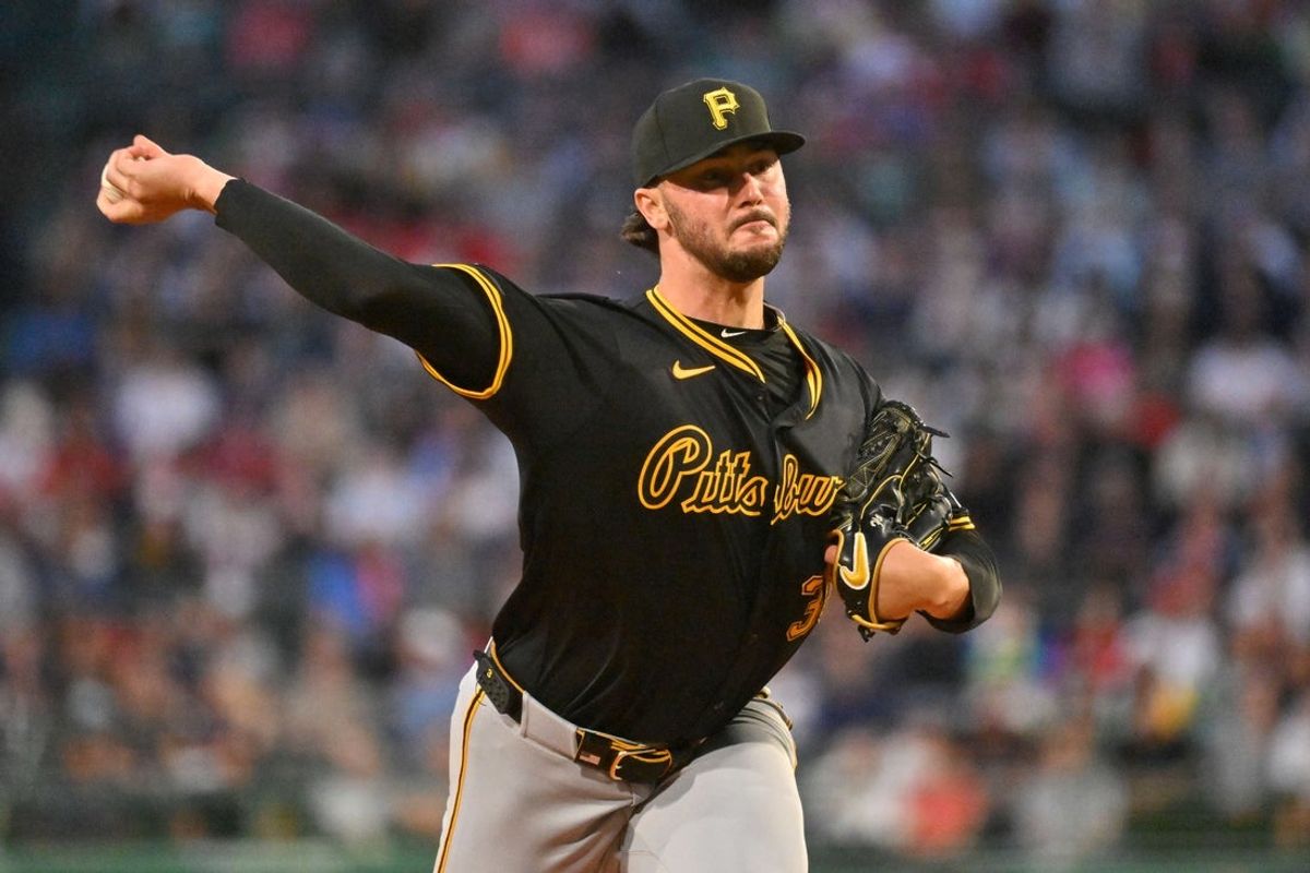 Aug 29, 2025; Boston, Massachusetts, USA; Pittsburgh Pirates starting pitcher Paul Skenes (30) pitches against the Boston Red Sox during the first inning at Fenway Park. Mandatory Credit: Eric Canha-Imagn Images