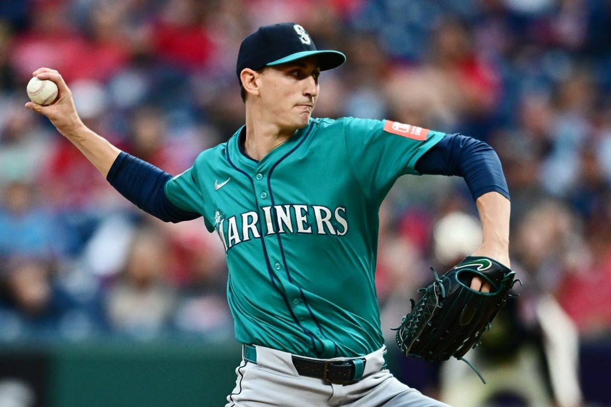 Aug 29, 2025; Cleveland, Ohio, USA; Seattle Mariners starting pitcher George Kirby (68) throws a pitch against the Cleveland Guardians during the first inning at Progressive Field. Mandatory Credit: Ken Blaze-Imagn Images