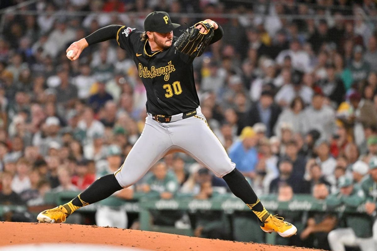 Aug 29, 2025; Boston, Massachusetts, USA; Pittsburgh Pirates starting pitcher Paul Skenes (30) pitches against the Boston Red Sox during the second inning at Fenway Park. Mandatory Credit: Eric Canha-Imagn Images