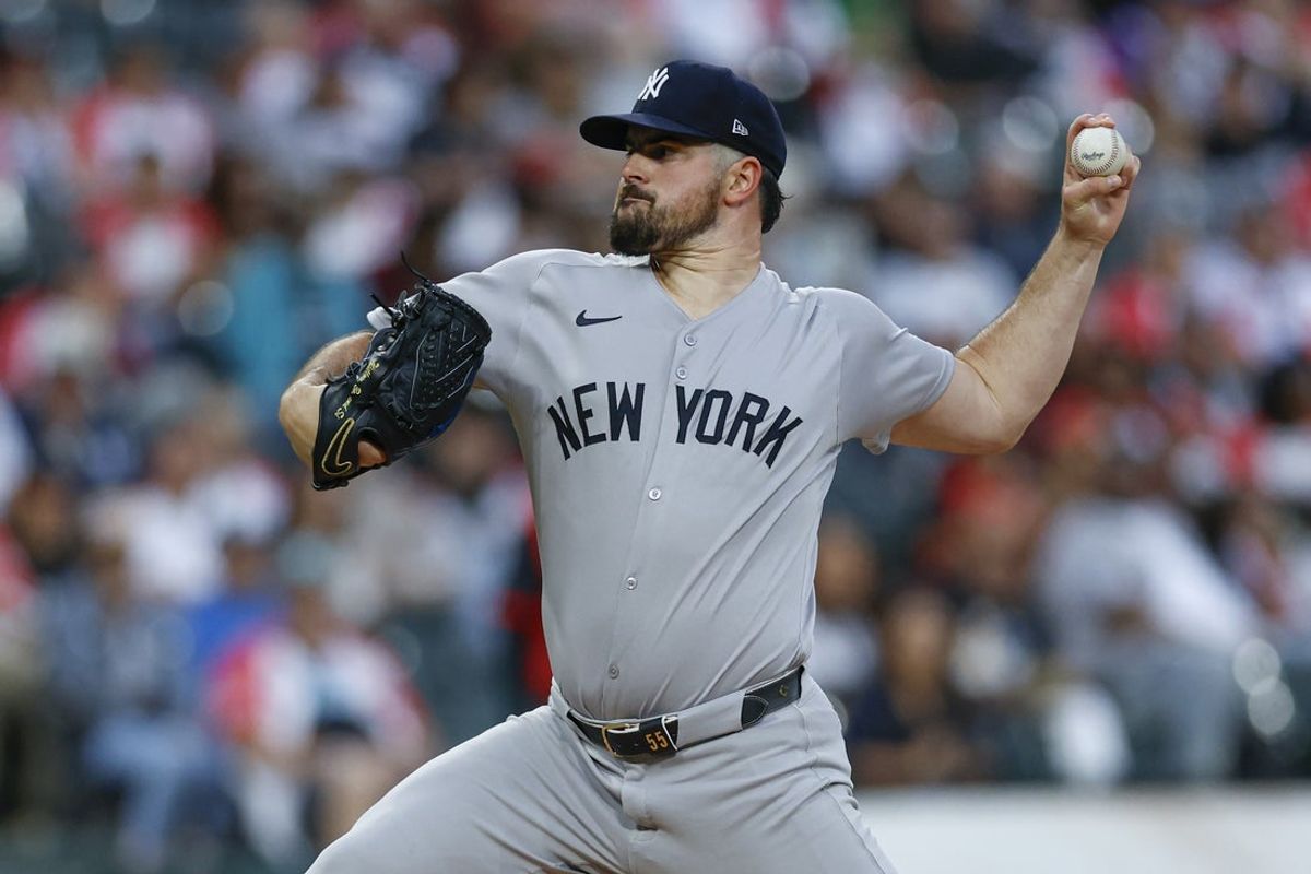 Aug 29, 2025; Chicago, Illinois, USA; New York Yankees starting pitcher Carlos Rodon (55) delivers a pitch against the Chicago White Sox during the first inning at Rate Field. Mandatory Credit: Kamil Krzaczynski-Imagn Images