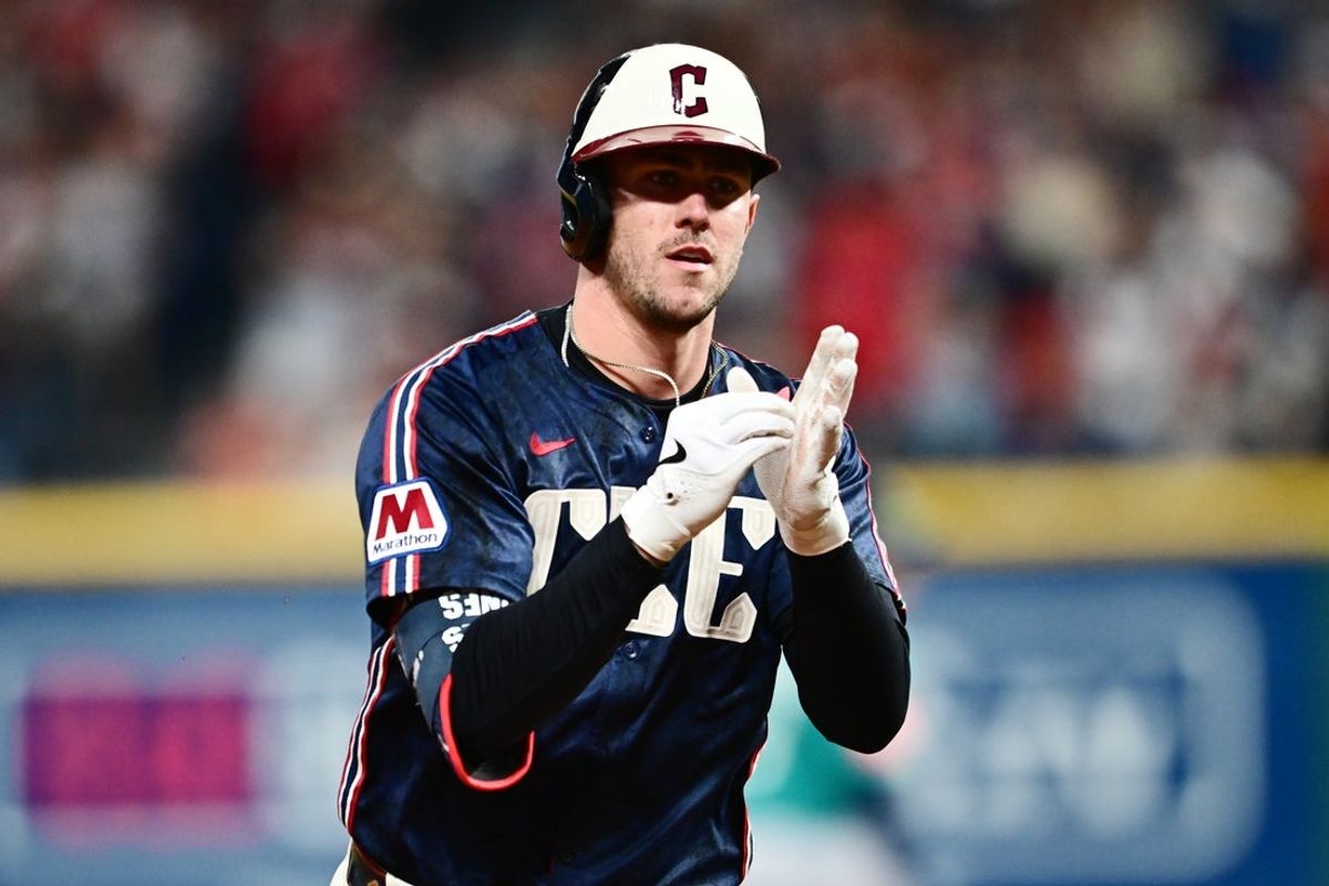 Aug 29, 2025; Cleveland, Ohio, USA; Cleveland Guardians right fielder Nolan Jones (22) rounds the bases after hitting a home run against the Seattle Mariners during the seventh inning at Progressive Field. Mandatory Credit: Ken Blaze-Imagn Images