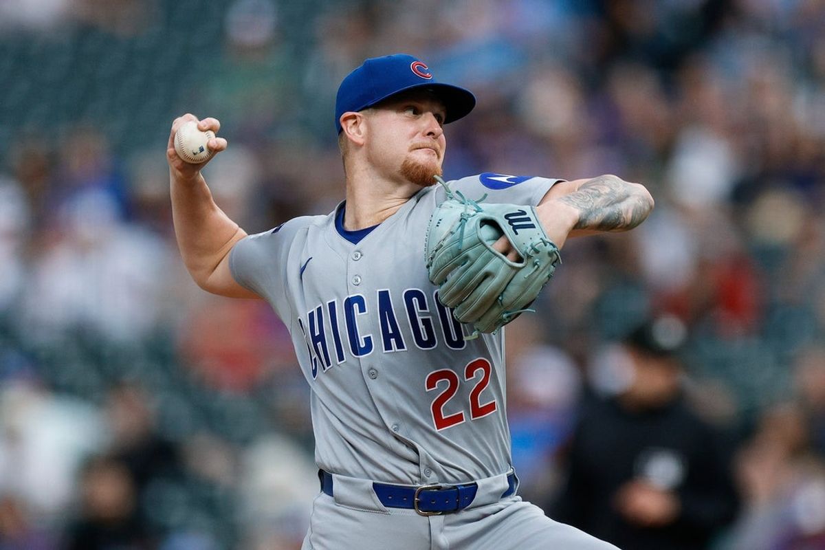 Aug 29, 2025; Denver, Colorado, USA; Chicago Cubs starting pitcher Cade Horton (22) pitches in the first inning against the Colorado Rockies at Coors Field. Mandatory Credit: Isaiah J. Downing-Imagn Images