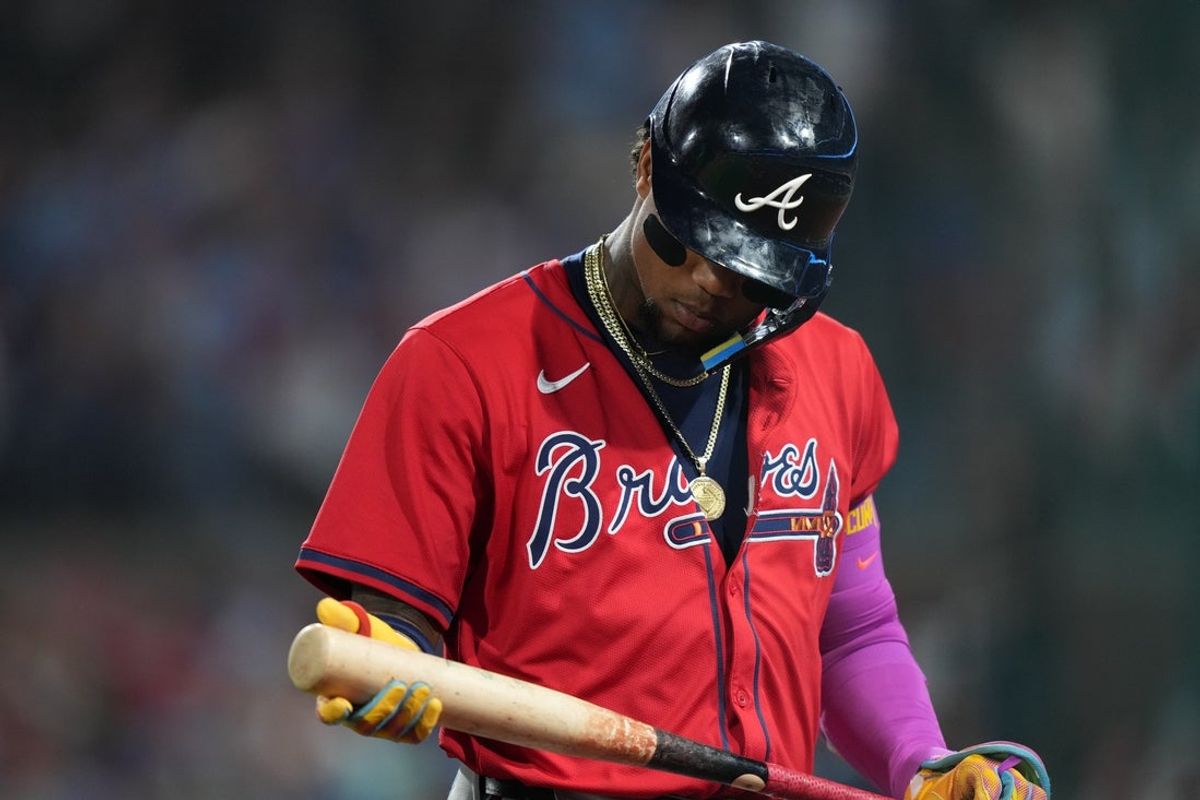 Aug 29, 2025; Philadelphia, Pennsylvania, USA; Atlanta Braves outfielder Ronald Acuna Jr (13) reacts after flying out against the Philadelphia Phillies in the fifth inning at Citizens Bank Park. Mandatory Credit: Kyle Ross-Imagn Images
