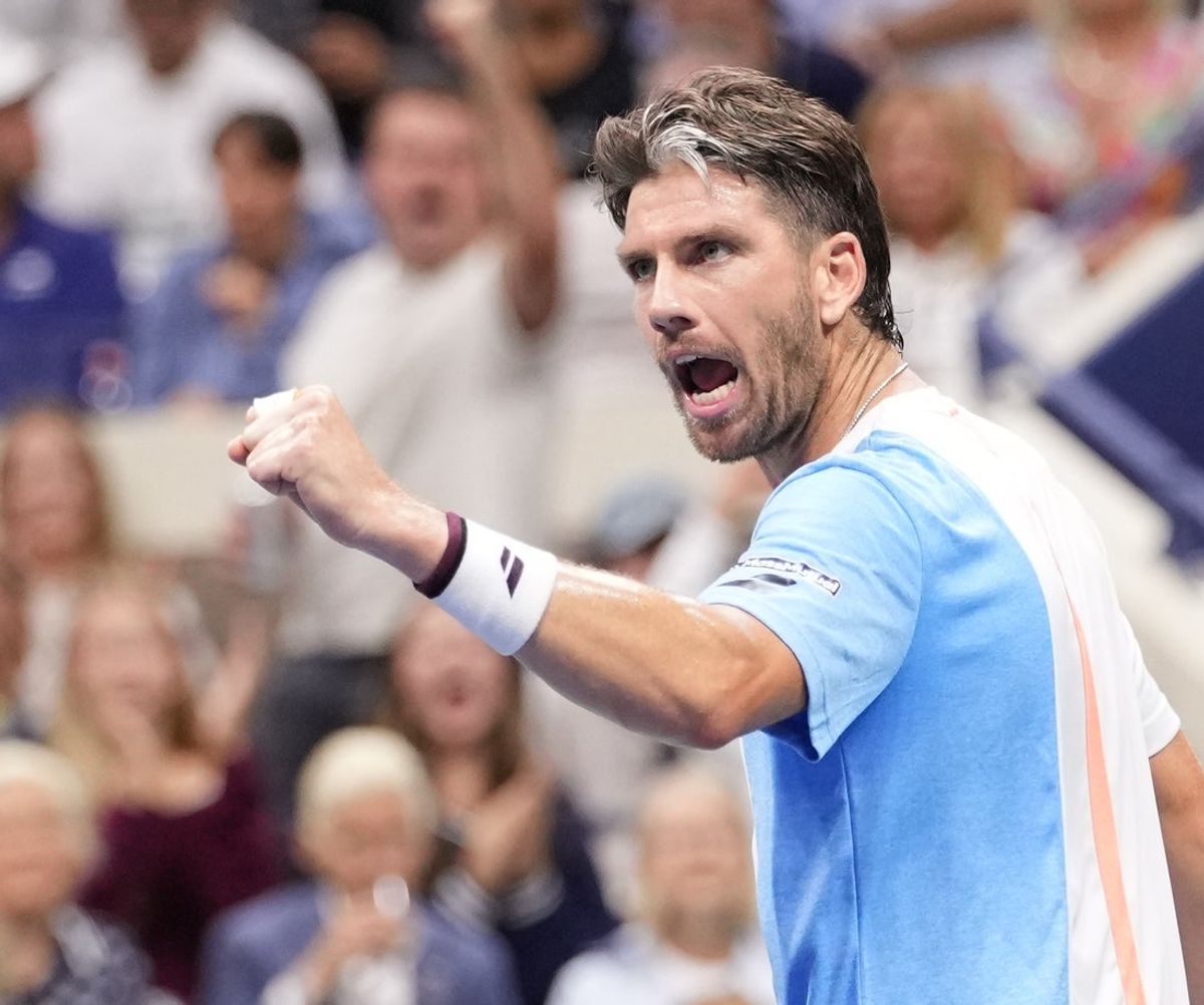 Aug 29, 2025; Flushing, NY, USA;  Cameron Norrie (GBR) after a winner to Novak Djokovic (SRB) (not pictured) on day six of the 2025 U.S. Open tennis tournament at the USTA Billie Jean King National Tennis Center. Mandatory Credit: Robert Deutsch-Imagn Images