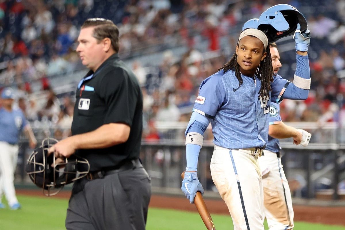 Aug 29, 2025; Washington, District of Columbia, USA; Washington Nationals shortstop CJ Abrams (5) reacts to a strikeout during the fourth inning against the Tampa Bay Rays at Nationals Park. Mandatory Credit: Daniel Kucin Jr.-Imagn Images