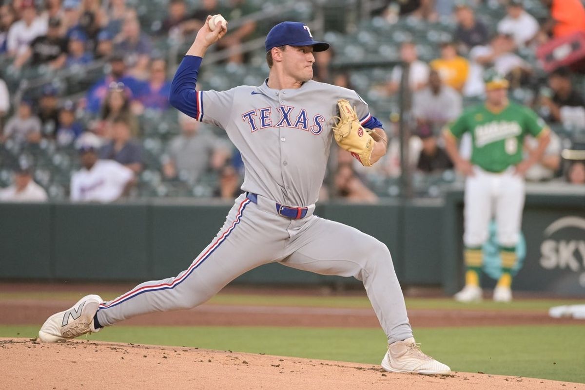 Aug 29, 2025; West Sacramento, California, USA; Texas Rangers pitcher Jack Leiter (35) throws a pitch against the Athletics during the first inning at Sutter Health Park. Mandatory Credit: Ed Szczepanski-Imagn Images