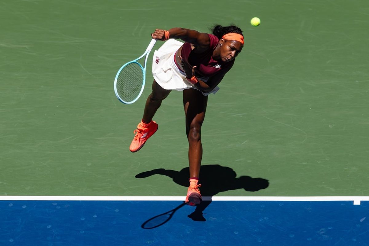 Aug 30, 2025; Flushing, NY, USA; Coco Gauff (USA) serves against Magdalena Frech (POL) in the third round of the women’s singles at the US Open at Arthur Ashe Stadium in Billie Jean King National Tennis Center. Mandatory Credit: Mike Frey-Imagn Images