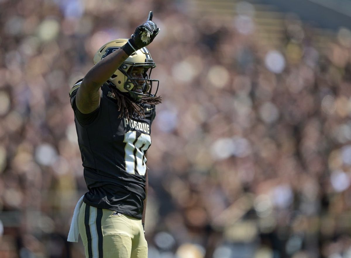 Aug 30, 2025; West Lafayette, Indiana, USA; Purdue Boilermakers linebacker Alex Sanford Jr. (10) celibates a sack during the second half against the Ball State Cardinals at Ross-Ade Stadium. Mandatory Credit: Marc Lebryk-Imagn Images