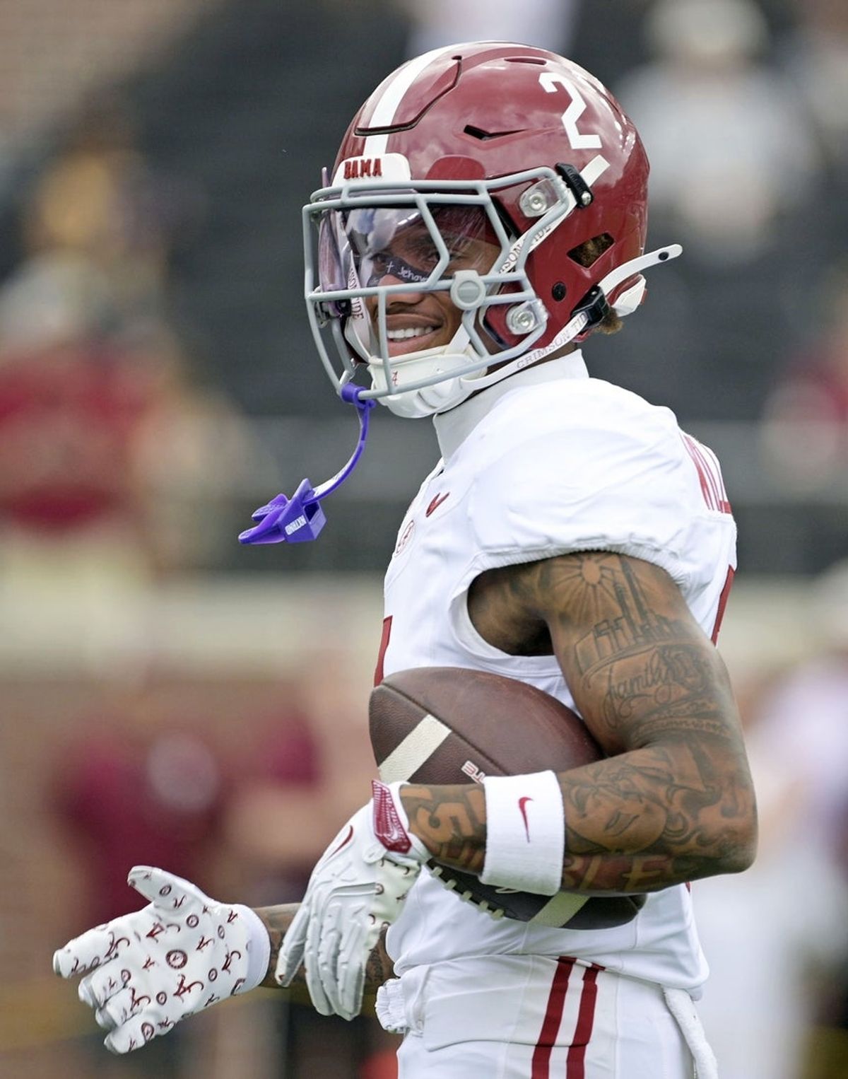 Aug 30, 2025; Tallahassee, Florida, USA; Alabama Crimson Tide wide receiver Ryan Williams (2) during warmups before the game between the Florida State Seminoles and the Alabama Crimson Tide at Doak S. Campbell Stadium. Mandatory Credit: Melina Myers-Imagn Images