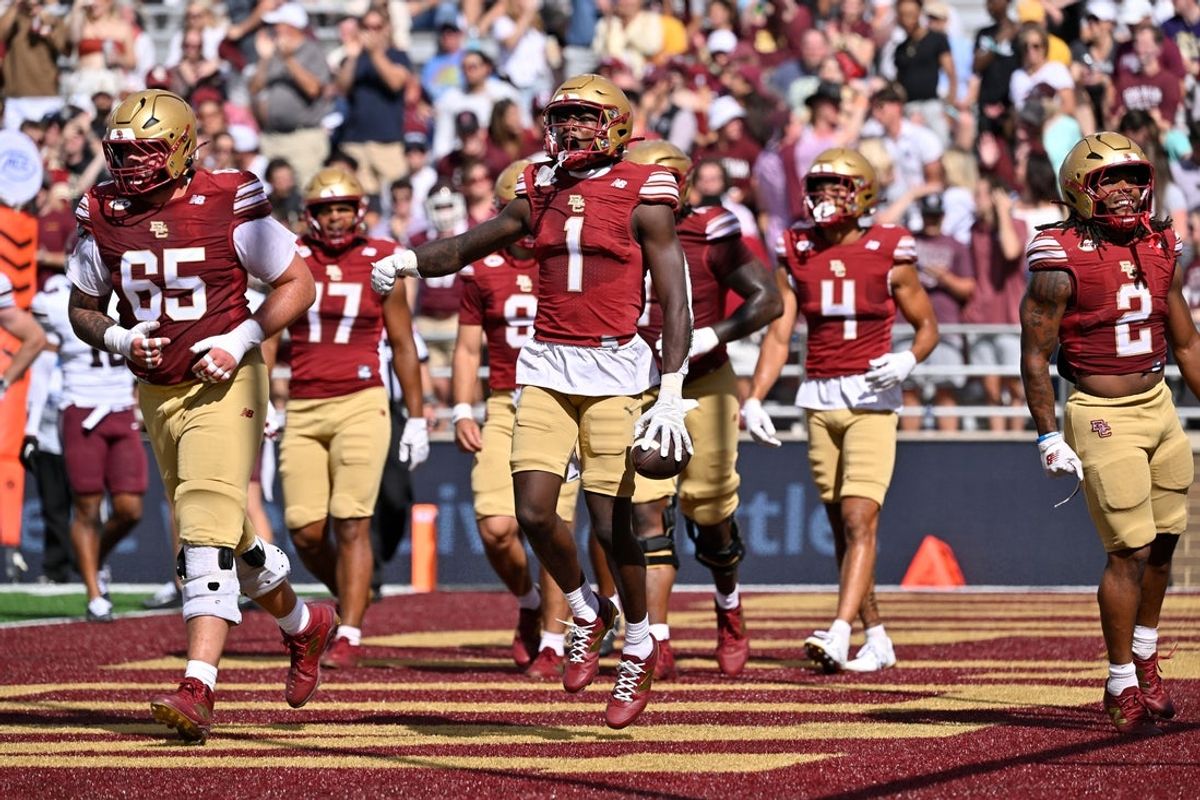 Aug 30, 2025; Chestnut Hill, Massachusetts, USA; Boston College Eagles wide receiver Jaedn Skeete (1) reacts to scoring a touchdown against the Fordham Rams during the first half at Alumni Stadium. Mandatory Credit: Eric Canha-Imagn Images