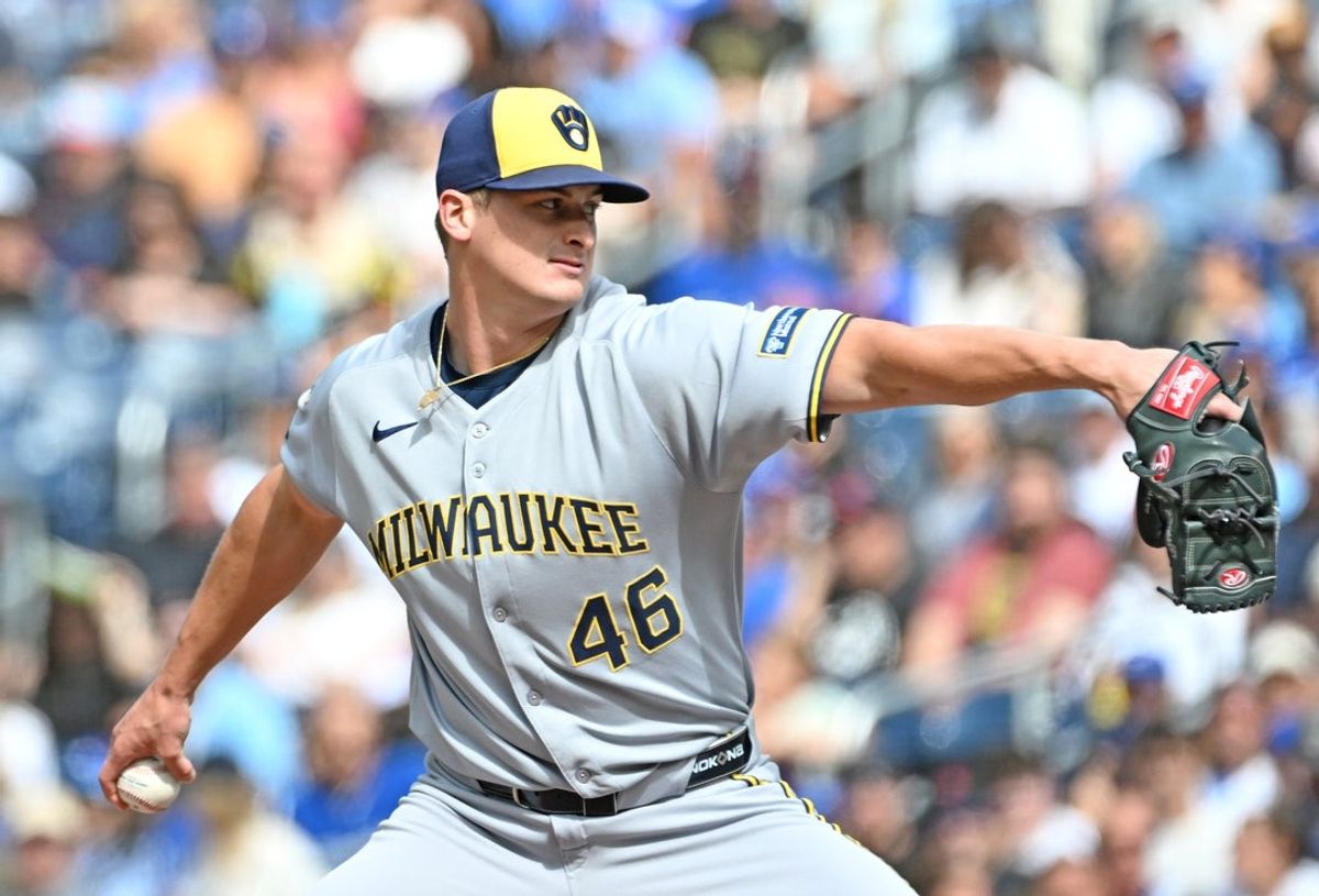 Aug 30, 2025; Toronto, Ontario, CAN;  Milwaukee Brewers starting pitcher Quinn Priester (46) delivers a pitch against the Toronto Blue Jays in the first inning at Rogers Centre. Mandatory Credit: Dan Hamilton-Imagn Images