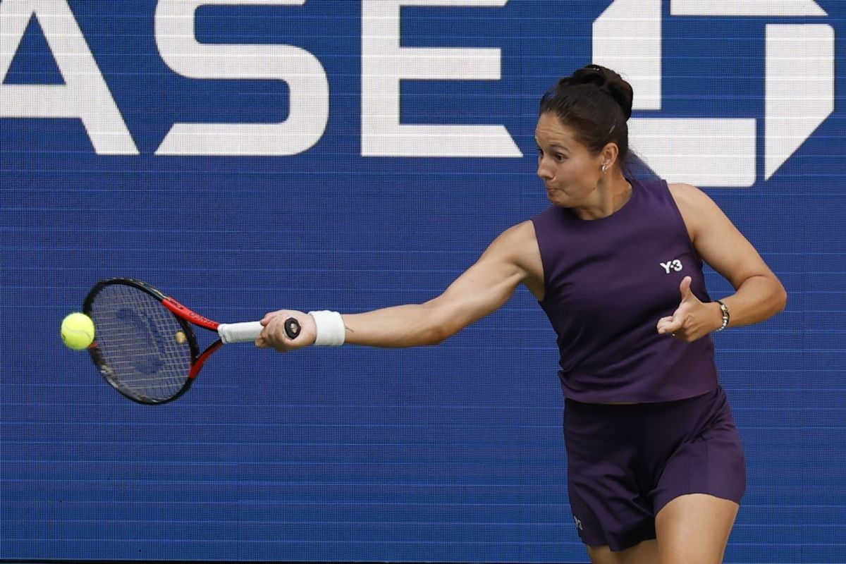 Aug 30, 2025; Flushing, NY, USA; Daria Kasatkina hits a forehand against Naomi Osaka (JPN) (not pictured) on day seven of the 2025 US Open tennis championships at Billie Jean King National Tennis Center. Mandatory Credit: Geoff Burke-Imagn Images