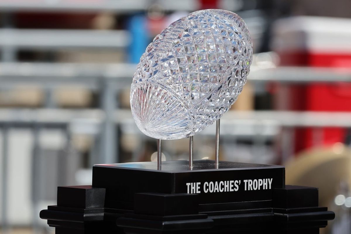Aug 30, 2025; Columbus, Ohio, USA; A detailed view of the AFCA National Championship Trophy before the game between the Ohio State Buckeyes and the Texas Longhorns at Ohio Stadium. Mandatory Credit: Joseph Maiorana-Imagn Images