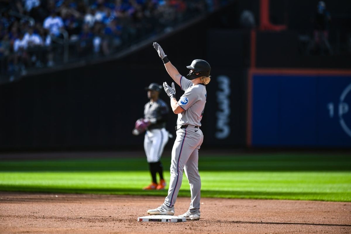 Aug 30, 2025; New York City, New York, USA; Miami Marlins outfielder Joey Wiemer (41) reacts after hitting a two RBI double against the New York Mets during the first inning at Citi Field. Mandatory Credit: John Jones-Imagn Images