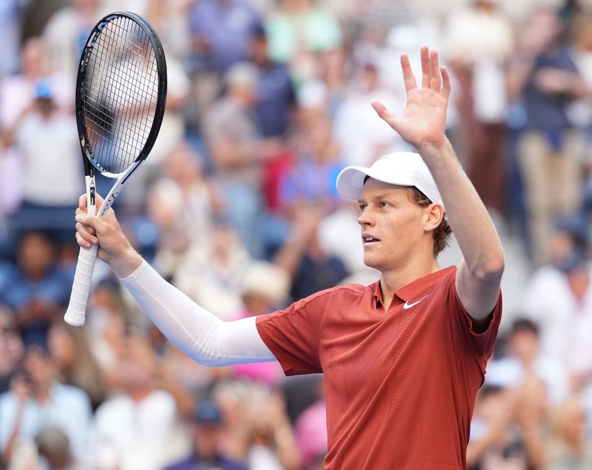 Aug 30, 2025; Flushing, NY, USA;  Jannik Sinner (ITA) after beating Denis Shapovalov (CAN) (not pictured) on day seven of the 2025 U.S. Open tennis tournament at the USTA Billie Jean King National Tennis Center. Mandatory Credit: Robert Deutsch-Imagn Images