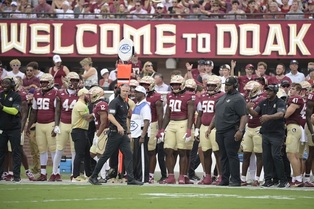 Aug 30, 2025; Tallahassee, Florida, USA; Florida State Seminoles head coach Mike Norvell looks on against the Alabama Crimson Tide during the first half at Doak S. Campbell Stadium. Mandatory Credit: Melina Myers-Imagn Images