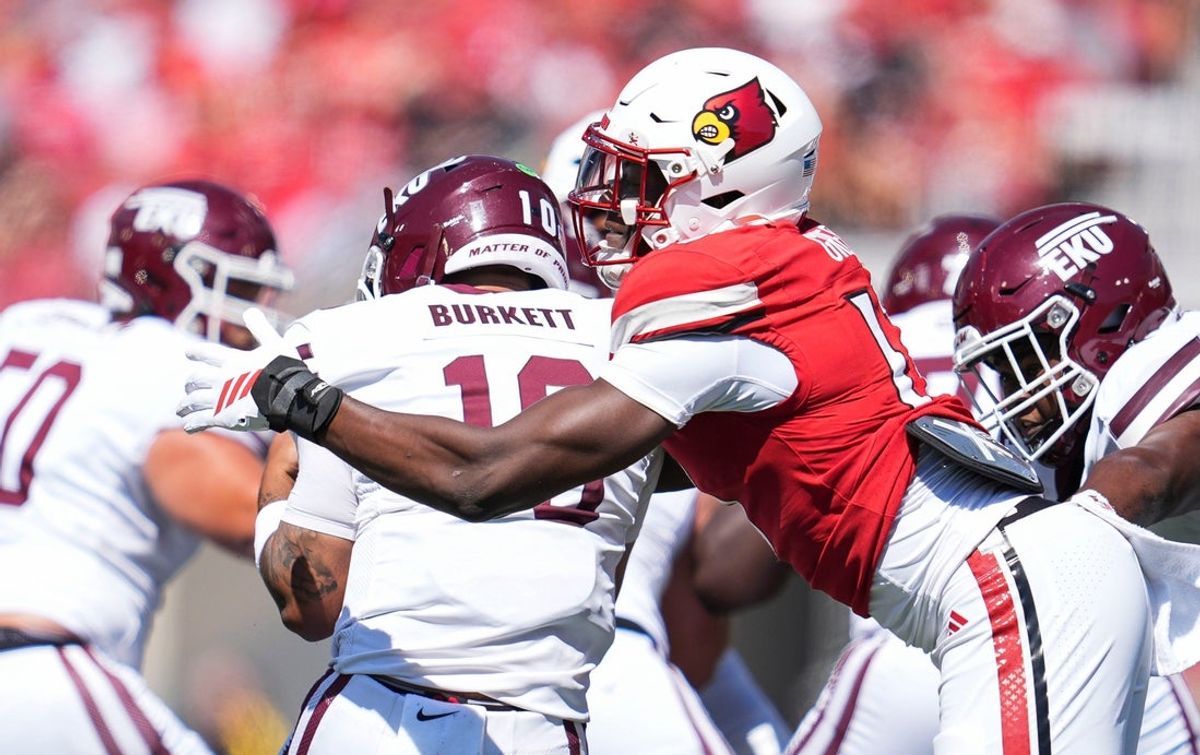 Louisville Cardinals defensive lineman AJ Green (17) sacks Eastern Kentucky Colonels quarterback Myles Burkett (10) during the first half against EKU at the Cardinals' season opener Saturday, August 30, 2025 at L&N Federal Credit Union Stadium in Louisville, Kentucky.