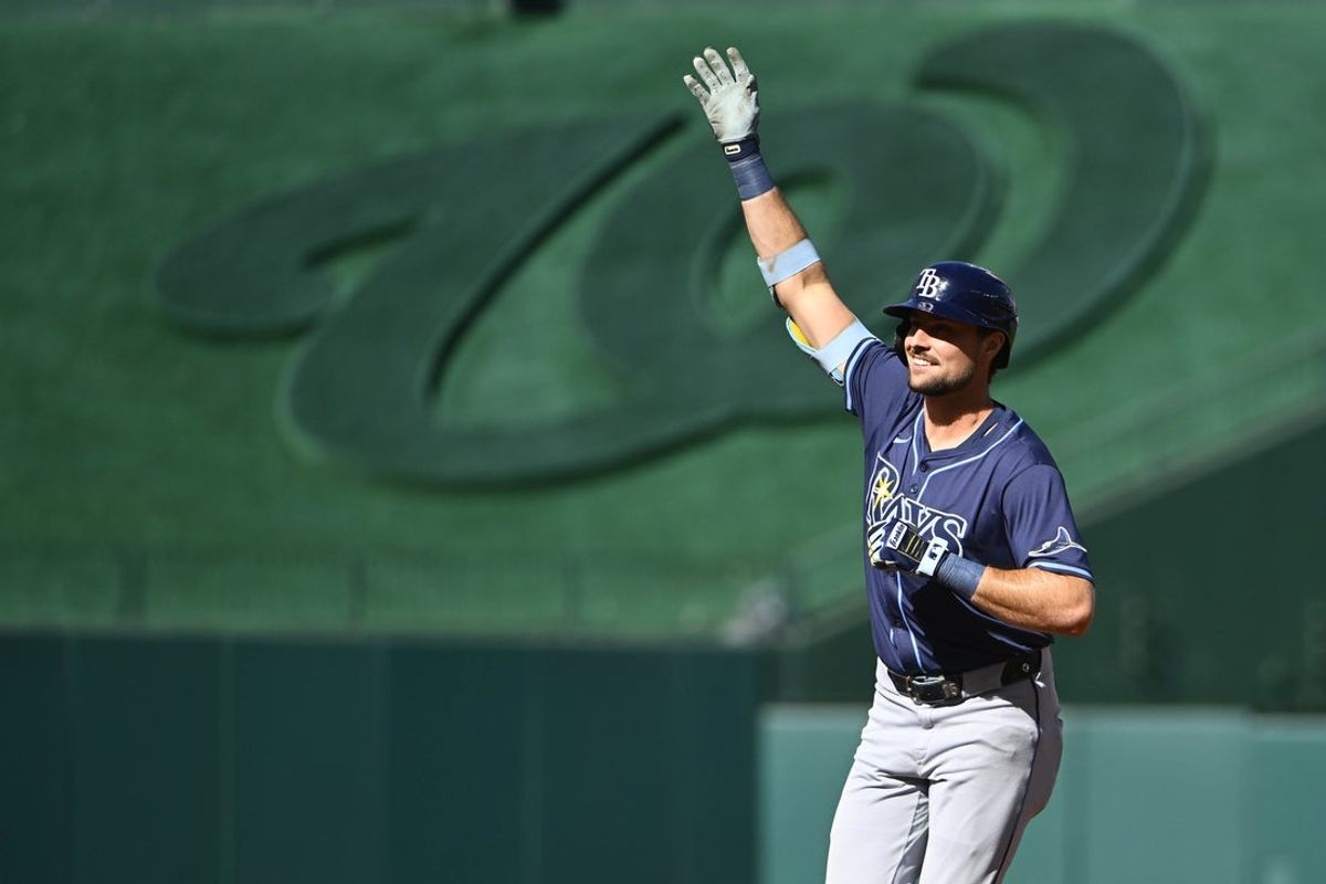 Aug 30, 2025; Washington, District of Columbia, USA; Tampa Bay Rays right fielder Josh Lowe (15) reacts after hitting a three run home run against the Washington Nationals during the first inning at Nationals Park. Mandatory Credit: Brad Mills-Imagn Images